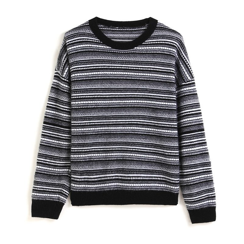 SD871秋冬女士羊绒条纹肌理圆领拼色毛衣 宽松针织衫慵懒风上衣