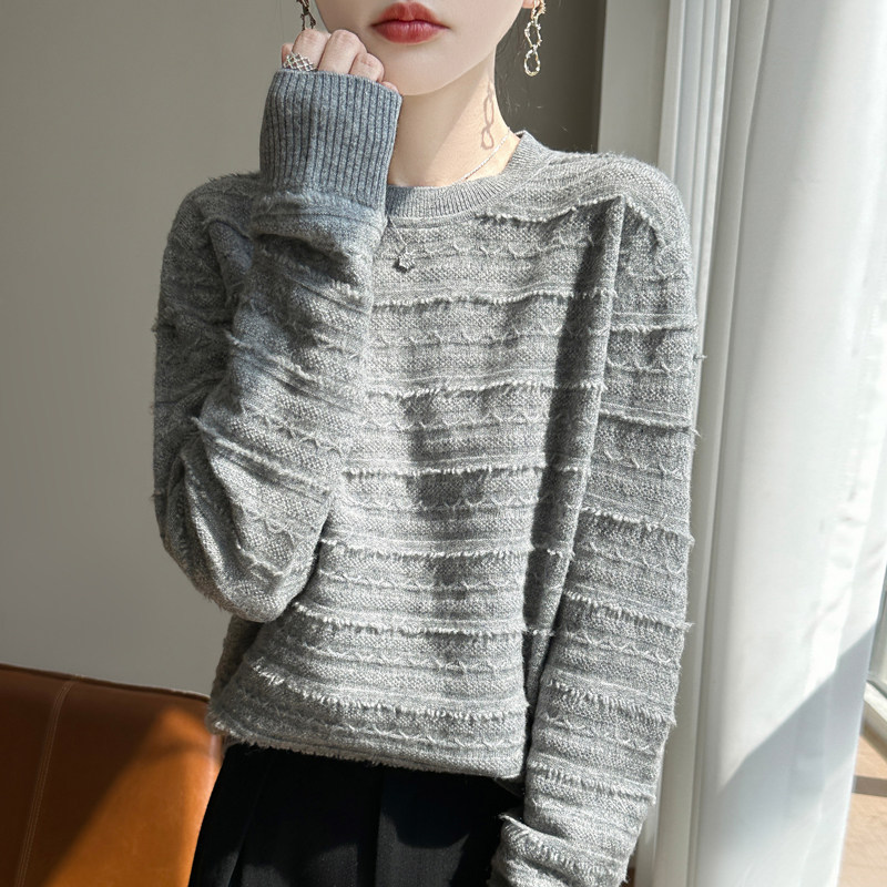 DY765秋冬女士100%羊毛流苏圆领毛衣宽松慵懒风 小众设计感针织衫