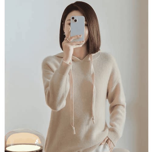 SS625秋冬纯羊毛复古红七针双线四平加厚帽衫宽松遮肉法式上衣女