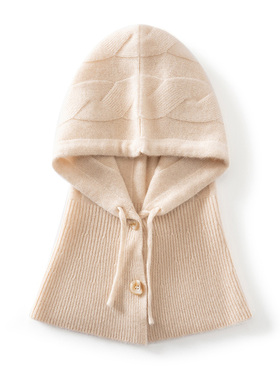 MJ1135秋冬女羊绒连帽针织围脖一体抽绳+纽扣设计可护头暖颈配饰