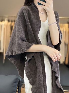 YYY-23114羊毛披肩秋冬女士纯色三角木耳边羊毛披肩多功能披肩