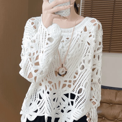 BM24007纯羊毛春秋女新款镂空钩花罩衫宽松百搭低圆领毛衣潮