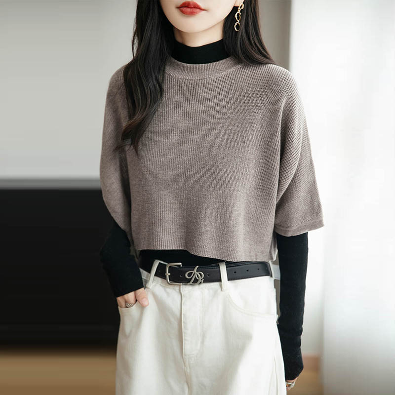 YYY2592春秋气质咖色针织衫精纺羊毛女圆领蝙蝠袖设计感短款罩衫