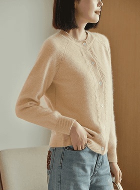 秋冬新款纯羊毛加厚女七针双线扭花开衫宽松保暖针织小外套SS607