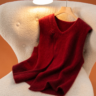 SSRH947复古港风秋冬羊绒拉绒马甲女立体花朵V领宽松显瘦针织背心