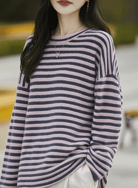 BM24041秋冬款纯羊毛圆领针织衫长袖撞色条纹宽松套头打底衫毛衣