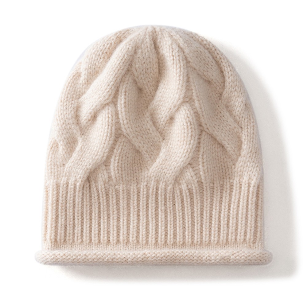 MJ1114秋冬女羊绒加厚绞花卷边针织帽 显质感复古温暖的气质配饰