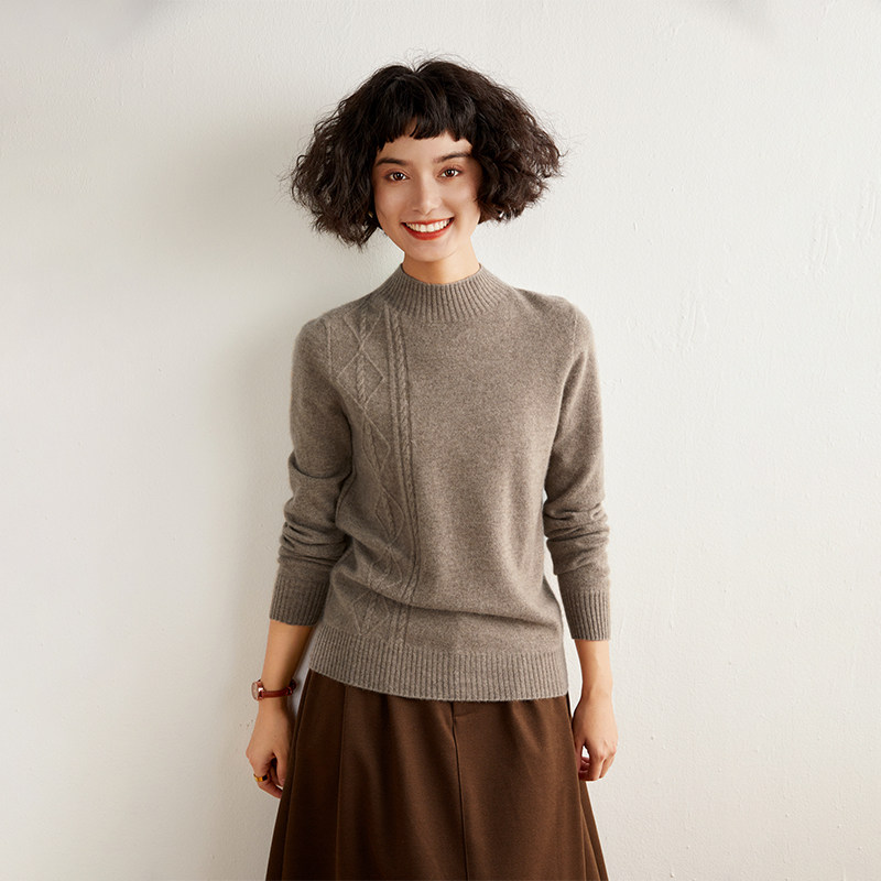 YZL2308秋冬女士半高领羊绒毛衣 侧边菱格绞花针织套头衫简约大气,女装/女士精品,羊绒衫,淘宝优惠券,粉丝福利购,淘宝优惠卷