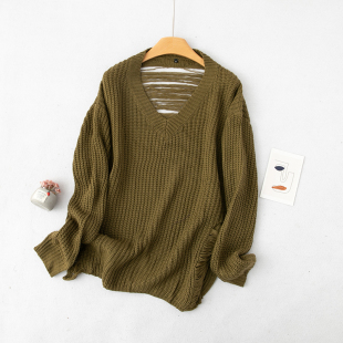 E43-1春秋新品女装宽松两边开叉V领粗针织懒散个性潮镂空纯色毛衣