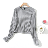 T恤衫 H26 女纯色针织弹力圆领套头上衣短款 露脐性感长袖 3春季 新品