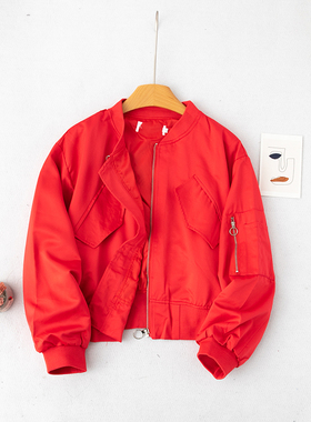 D7-3春秋新品女装红色后背刺绣图案蝙蝠袖拉链夹克短外套