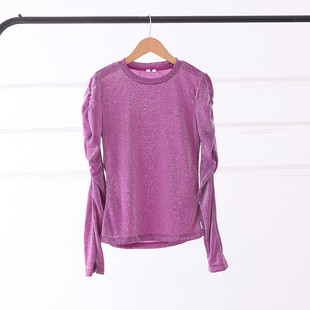E37-4清仓款女装针织高弹力亮丝圆领打底修身显瘦泡泡长袖T恤衫