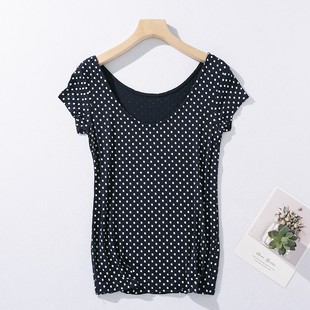 包邮 清仓 女装 日单大圆领弹力藏青波点清新休闲短袖 D29 T恤衫 4夏季