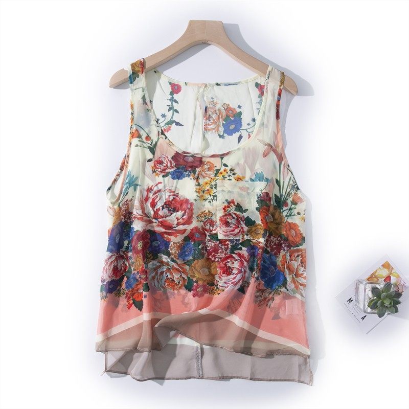 e4-4夏季新款女装轻薄花色无袖雪纺罩衫搭配叠穿装饰外搭背心吊带