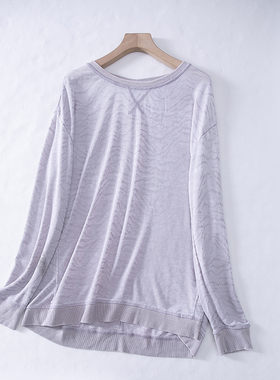 D60-2春秋季新品女装纹理气质宽松圆领通勤内搭长袖浅紫色薄卫衣