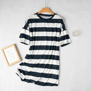 E60-4夏季女日单大码黑白粗条纹宽松不规则休闲棉中长短袖T恤衫