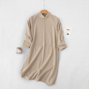 D64-3春秋季时尚新款针织打底衫连衣裙七分袖中长款半高领裙子