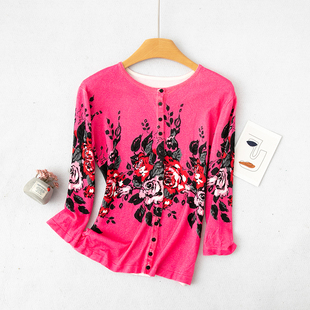 D51-2夏季新品女装修身毛针织短款圆领民族风花色七分袖开衫