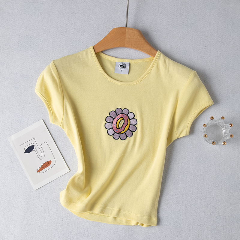 短袖清新常规刺绣棉混纺女T恤