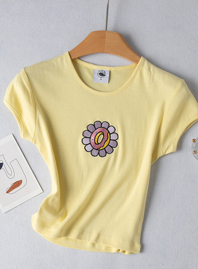 E1-2外贸女装新品牛角短袖针织弹力打底衫刺绣花显瘦棉混纺T恤衫