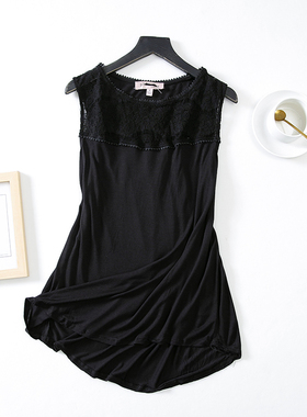 E55-2夏季新品女装黑色针织蕾丝拼接宽松休闲圆领无袖背心吊带