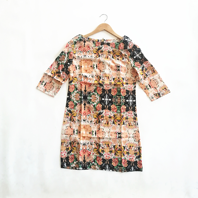 E12-3夏季清仓女装薄款雪纺碎花裙直筒小a字圆领气质中袖连衣裙