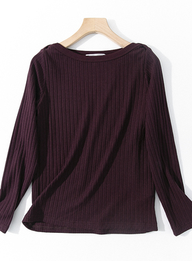 E18-1秋季女装坑条纹一字圆领毛衣深酱紫色显瘦气质长袖针织衫