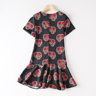 复古花圆领显瘦短裙A字荷叶边清新短袖 E69 女装 包邮 连衣裙 2夏季