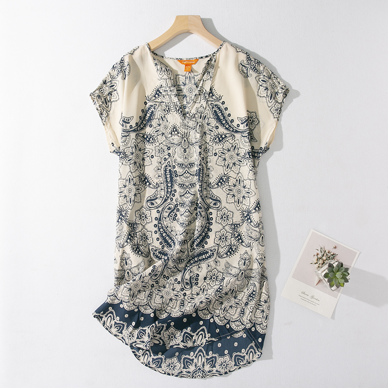 清仓雪纺宽松半袖复古印花连衣裙