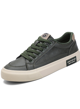 25862闪步男士新款潮流百搭休闲简约皮面春秋季平底系带开车板鞋