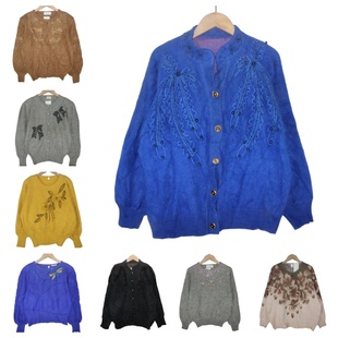 古着vintage孤品安哥拉兔毛文艺学院风软妹钩花钉珠少女毛衣A40