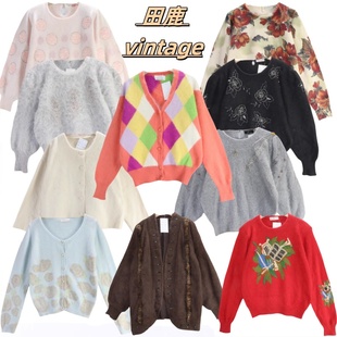 古着vintage孤品安哥拉兔毛文艺学院风软妹钩花钉珠少女毛衣B95