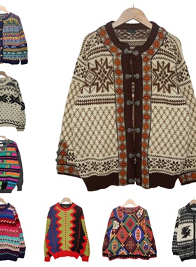 古着vintage孤品羊毛粗线北欧复古费尔岛摩天轮厚实重工毛衣A82