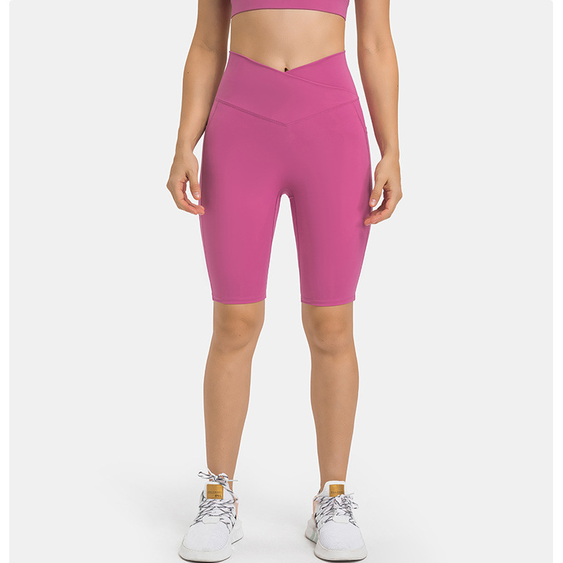 交叉腰头运动紧身裤女双侧插袋无T线高弹提臀五分瑜伽裤