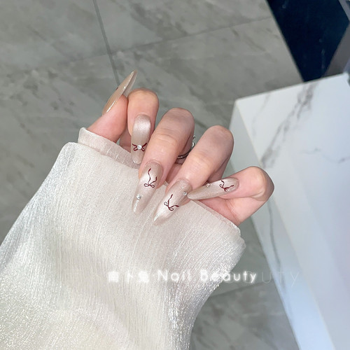 红丝带纯手工穿戴甲蝴蝶结飘带美甲贴片可拆卸假指甲