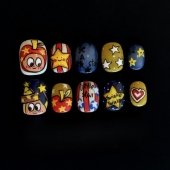 纯手工穿戴甲 星星人 手绘平面穿戴甲短甲卡通撞色拆卸美甲