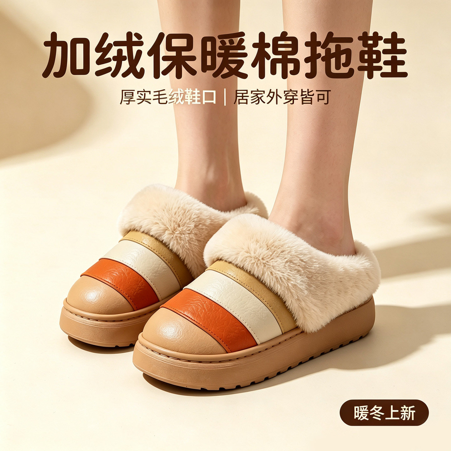远港PU皮革防水棉拖鞋保暖防滑