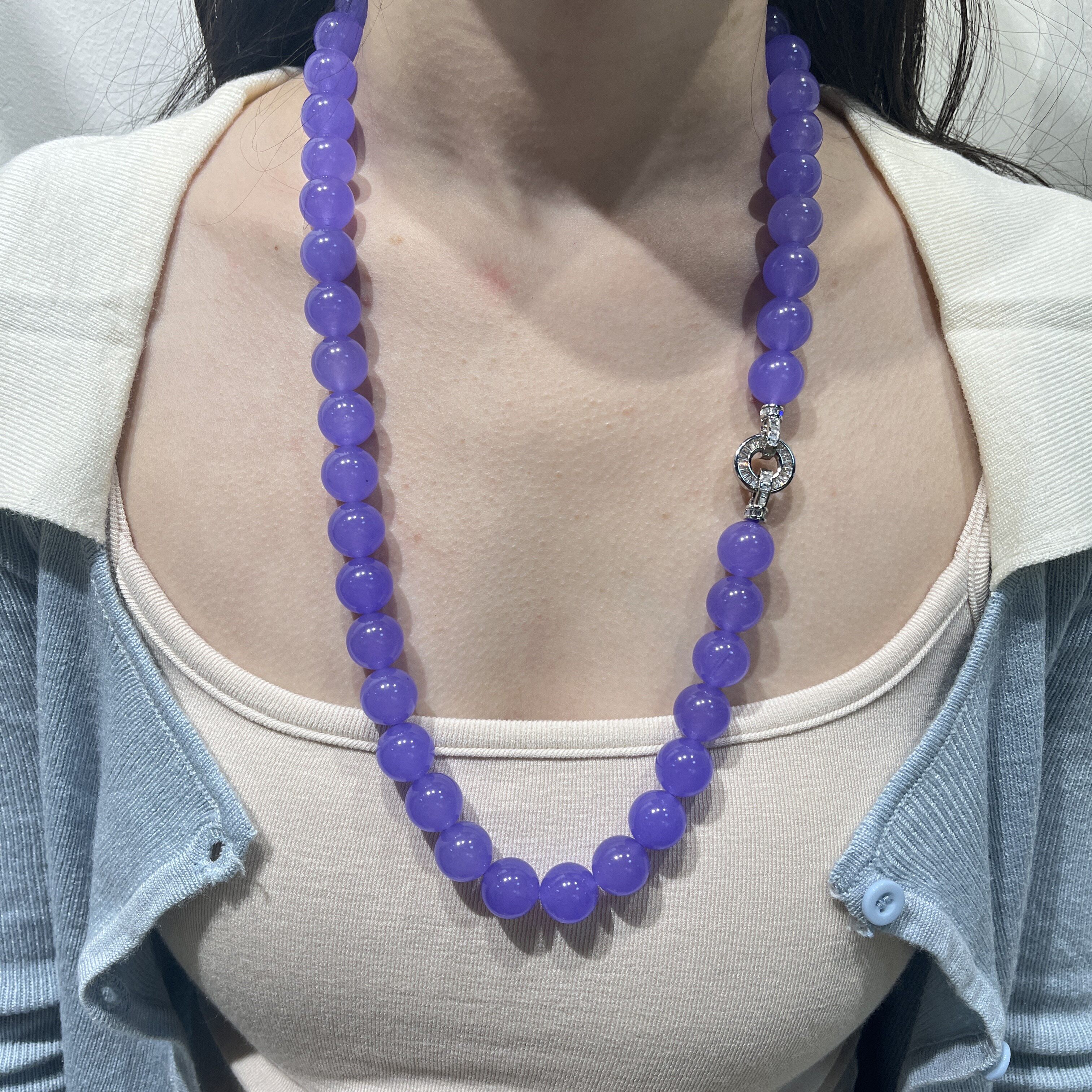 天然翡翠色紫罗兰玉髓圆珠大颗粒项链新中式国风玛瑙毛衣链原创女