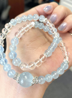 原创天然小高品葡萄石海蓝宝白阿塞手串清冷感纯银手链小众礼物