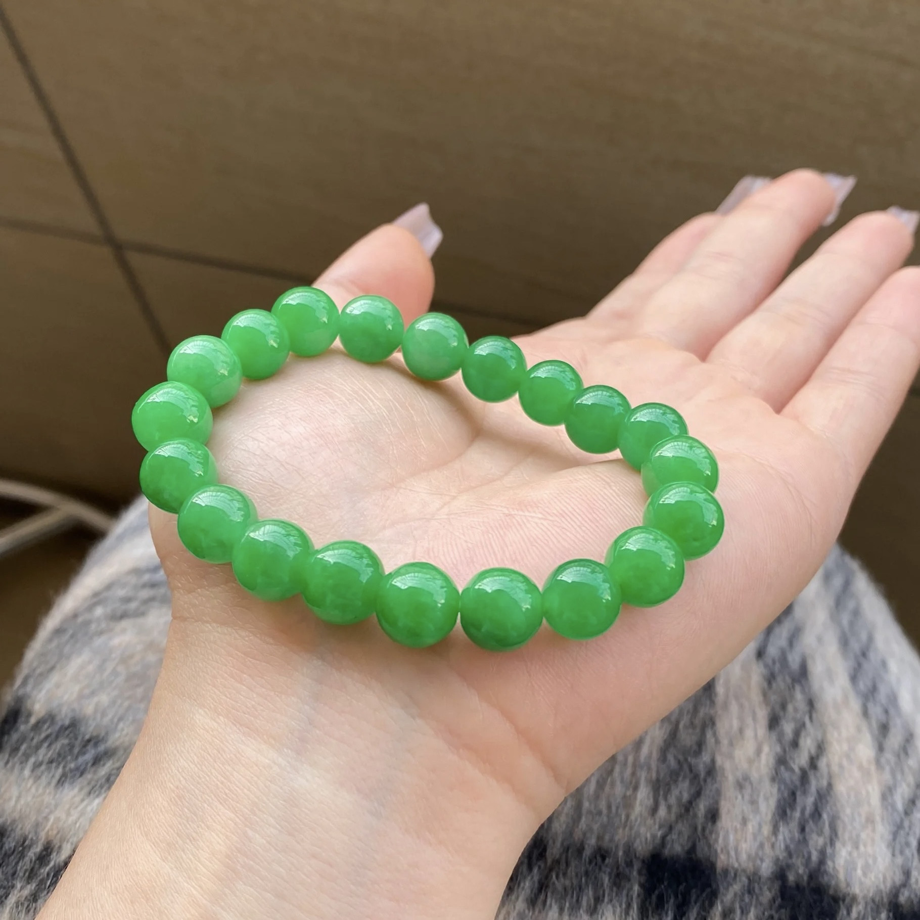 缅甸天然A货老坑苹果绿满色圆珠翡翠手链玉手串新中式单圈国风女