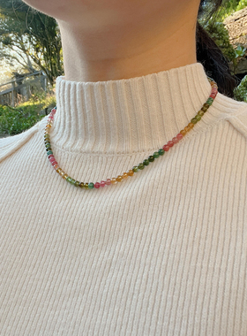 天然彩虹碧玺小米珠宝石ot扣锁骨链颈链民族风国潮水晶项链女款