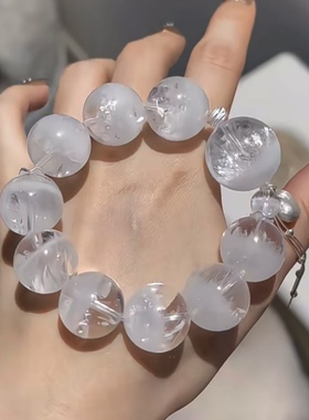 天然雪花白幽灵水晶手链女款单圈聚宝盆手串送闺蜜礼物高级感手饰