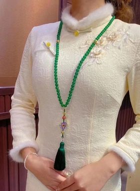 天然冰种绿玉髓毛衣链新中式国风玛瑙项链翡翠阳绿色原创女流苏
