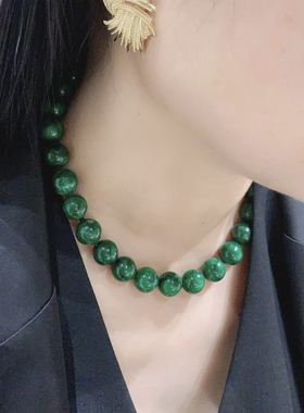 天然翡翠干青圆珠锁骨链阳绿色原创玉项链新中式颈链时尚女款国风