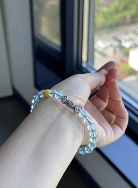 天然海蓝宝单圈原创设计女款如意手串蓝色水晶转运轻奢手链新中式