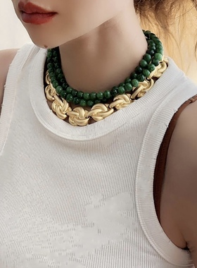 天然翡翠干青叠戴款项链阳绿辣绿色玉锁骨链毛衣链原创女中式国风