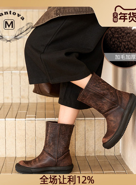 Mantova2025秋冬新款马皮雪地靴女加绒保暖棉鞋时尚加绒马丁靴
