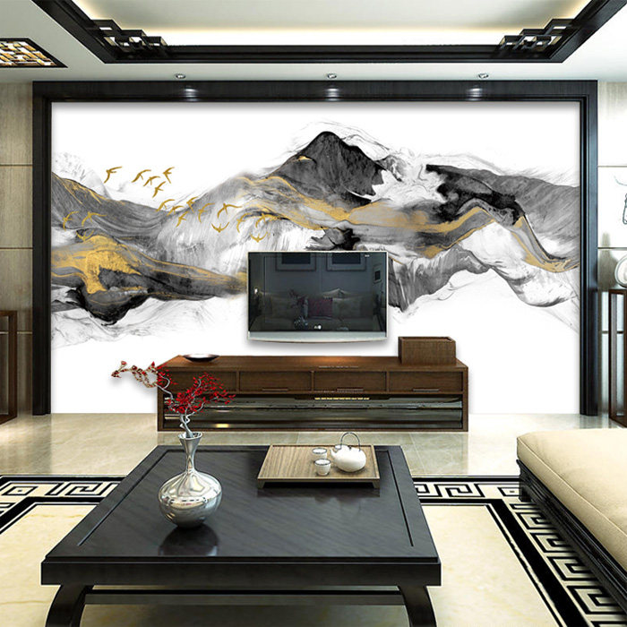 现代新中式水墨山水墙纸抽象山峰壁画客厅办公室背景壁纸941