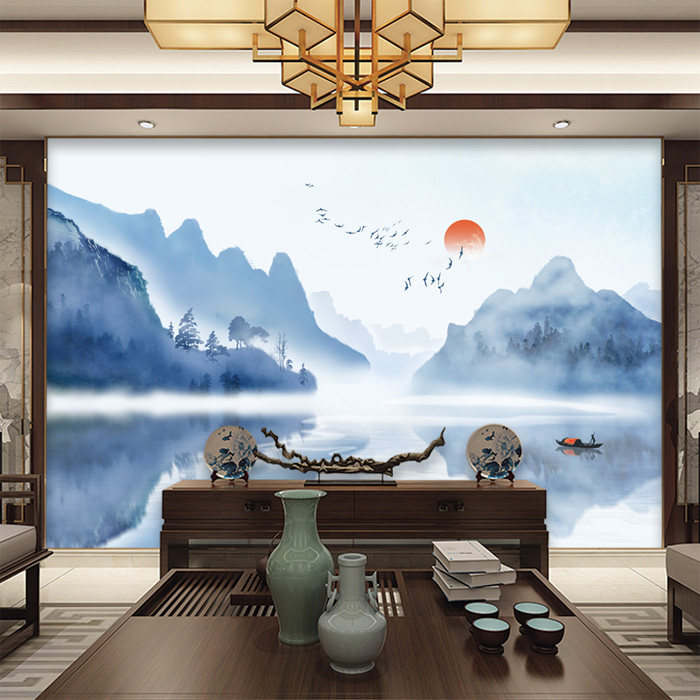 现代新中式墙布抽象水墨墙纸壁画电视客厅卧室背景墙山水壁纸972