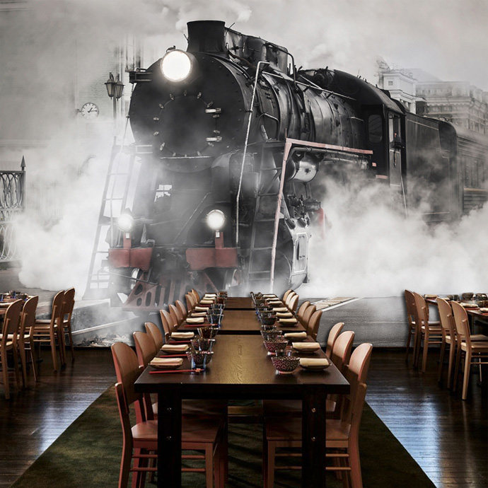 复古蒸汽火车个性墙纸咖啡厅壁纸网咖酒吧KTV背景墙布大型壁画777